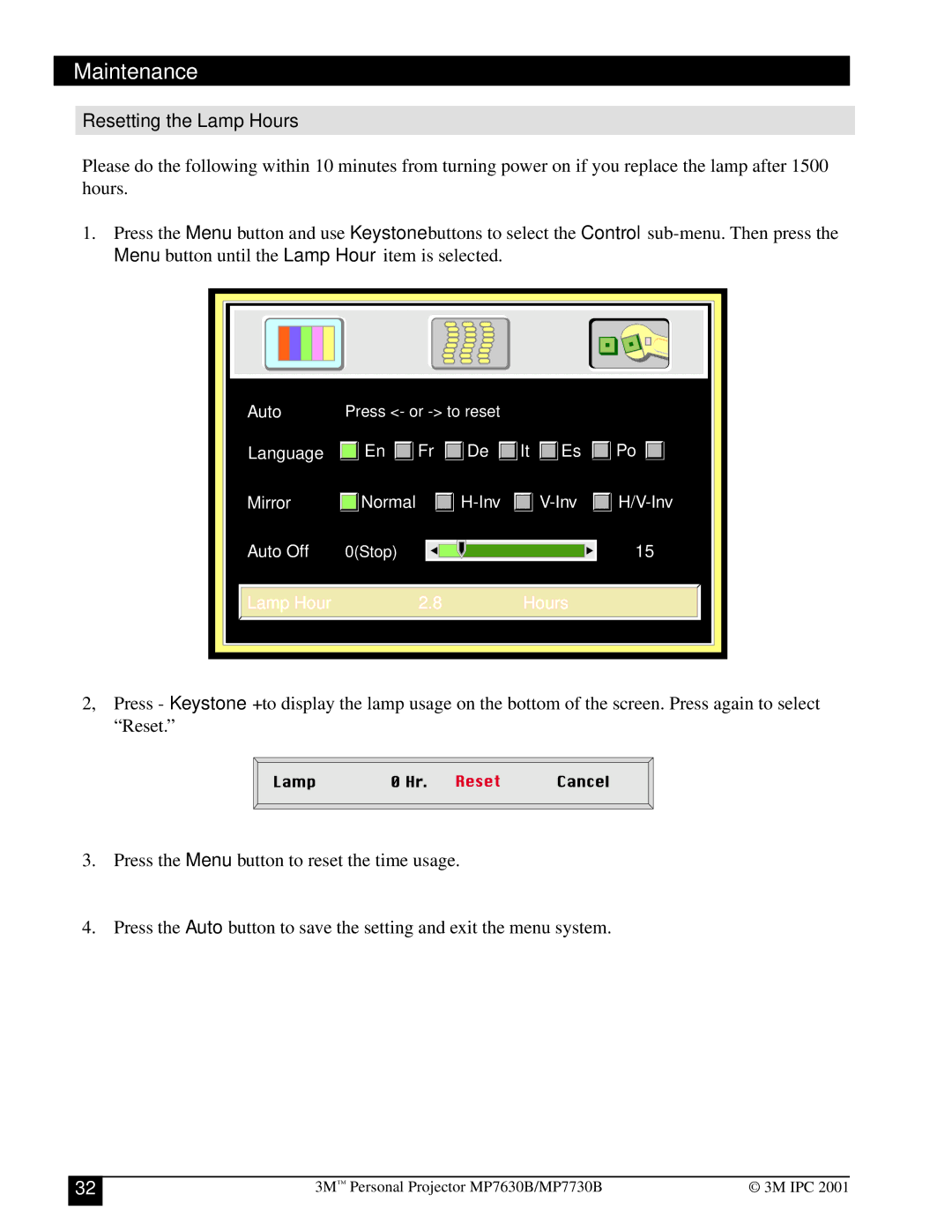 3M MP7730B, MP7630B manual Resetting the Lamp Hours 