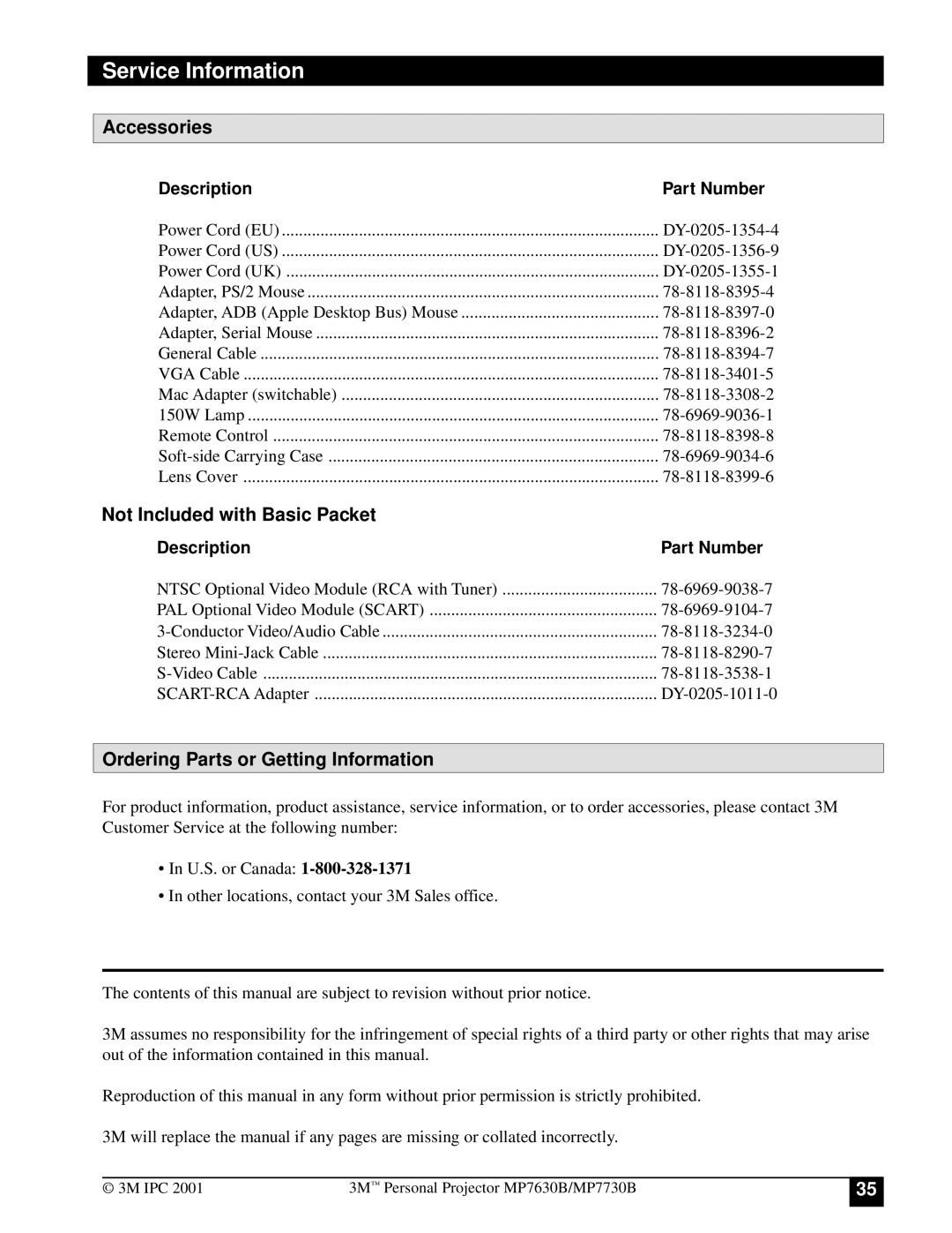 3M MP7630B manual Service Information, Accessories, Not Included with Basic Packet, Ordering Parts or Getting Information 