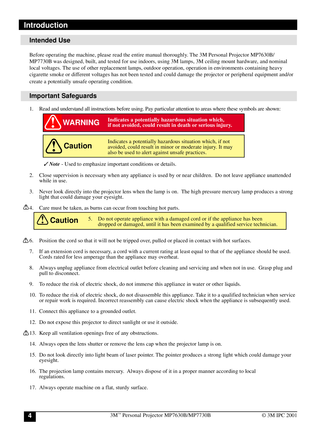 3M MP7730B, MP7630B manual Introduction, Intended Use, Important Safeguards 