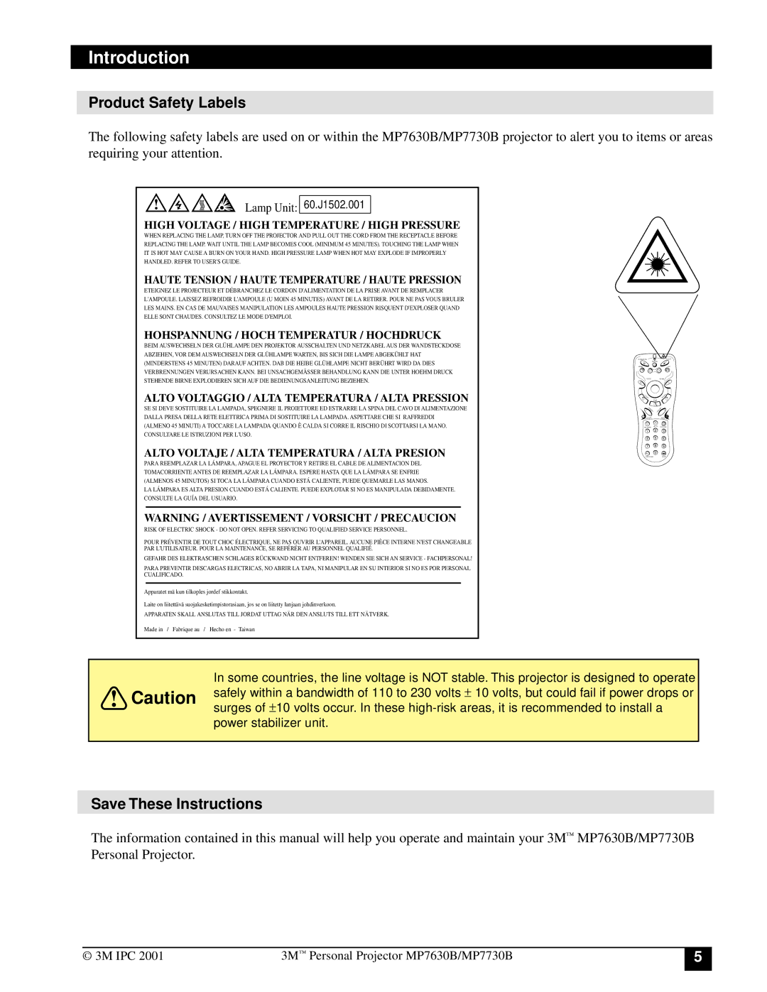 3M MP7630B, MP7730B manual Product Safety Labels, Lamp Unit 60.J1502.001 