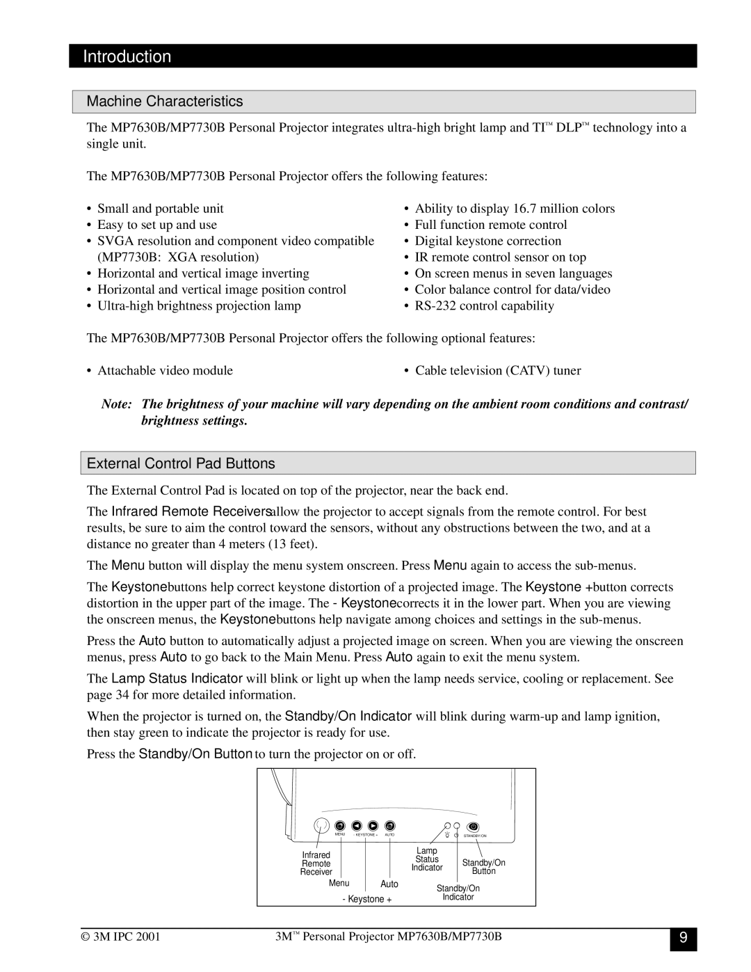 3M MP7630B, MP7730B manual Machine Characteristics, External Control Pad Buttons 