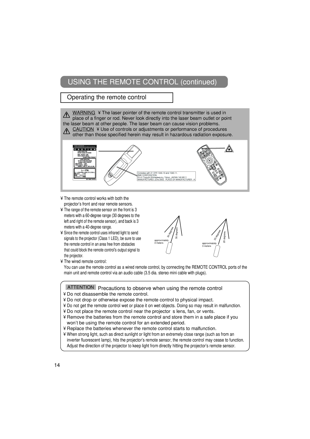 3M MP7650, MP7750 manual Using the Remote Control, Operating the remote control, Meters with a 40-degree range 