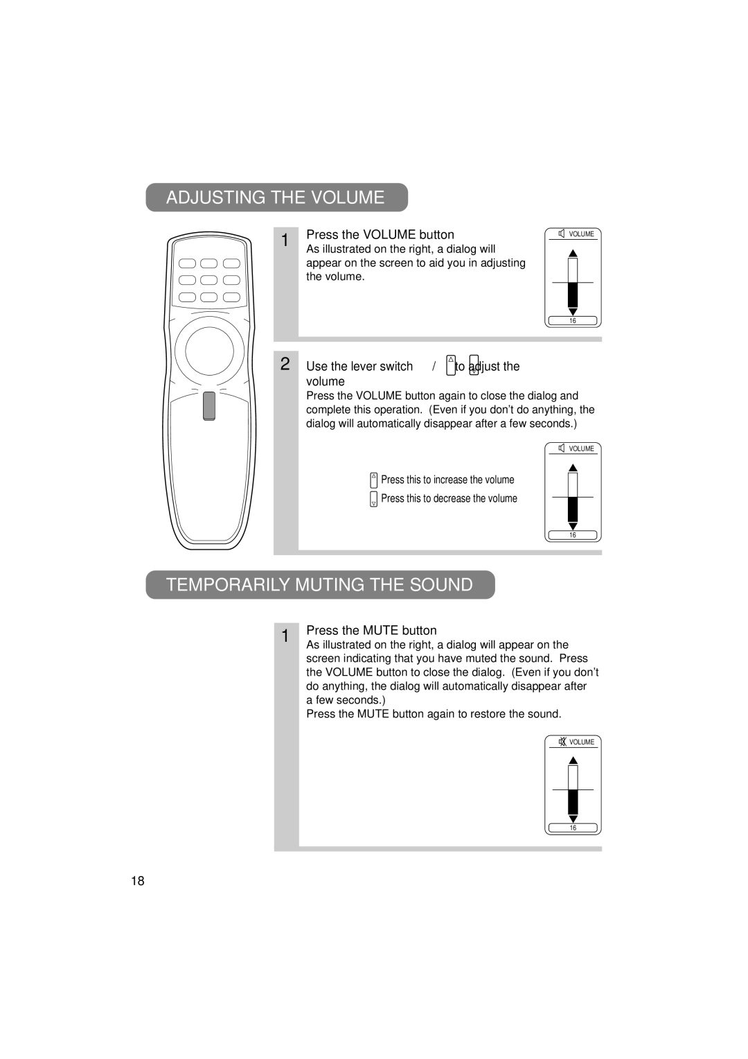 3M MP7650, MP7750 manual Adjusting the Volume, Temporarily Muting the Sound, Press the Volume button, Press the Mute button 