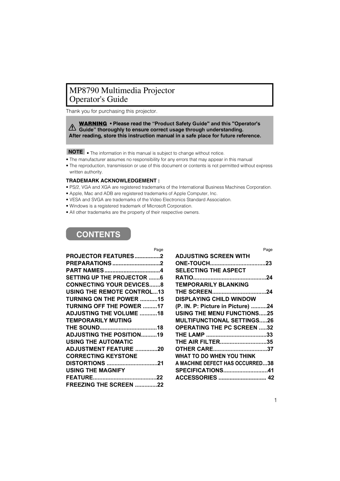 3M MP7750, MP7650 manual MP8790 Multimedia Projector Operators Guide, Contents 