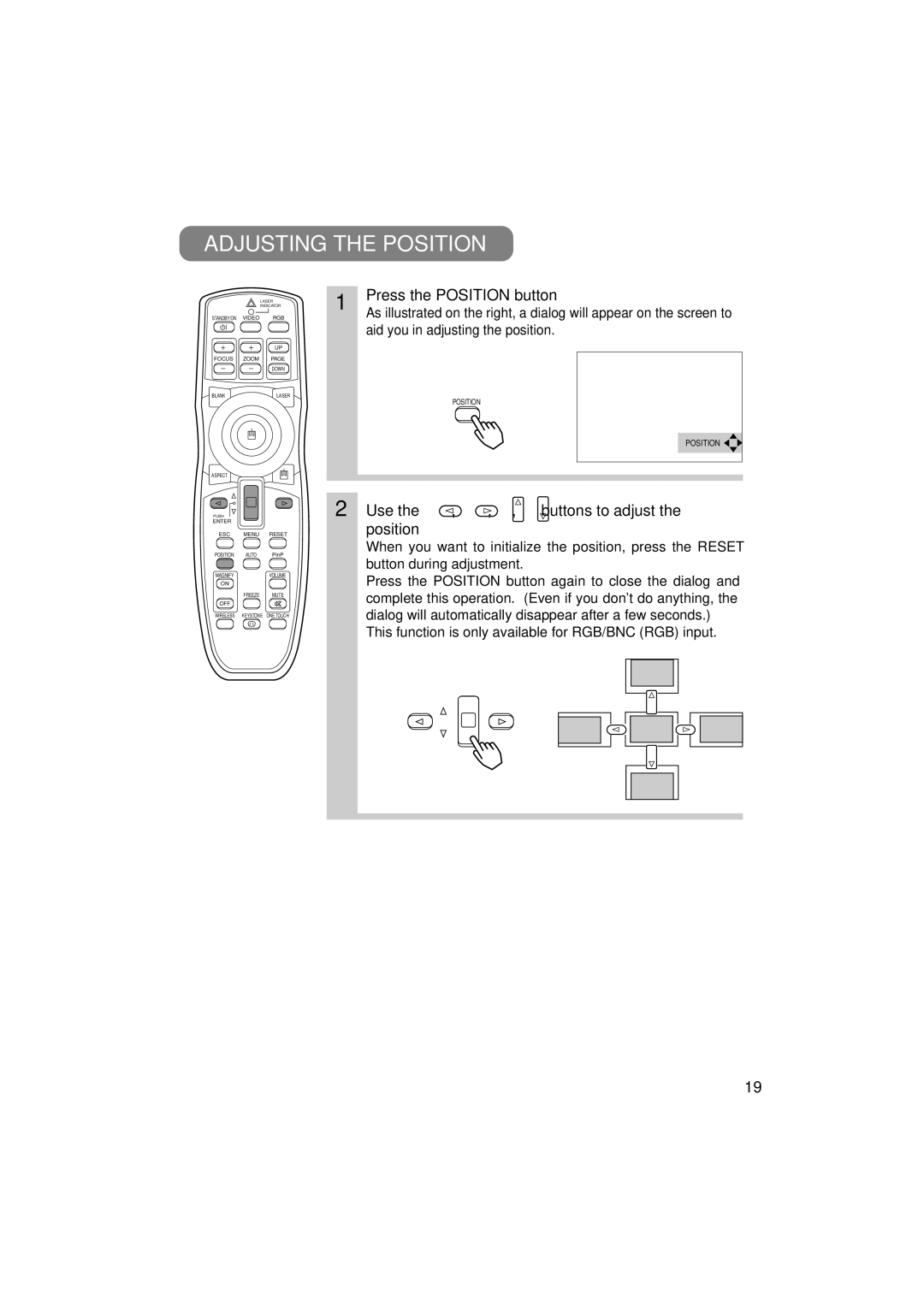 3M MP7750, MP7650 manual Adjusting the Position, Press the Position button, Use the , , , buttons to adjust the position 