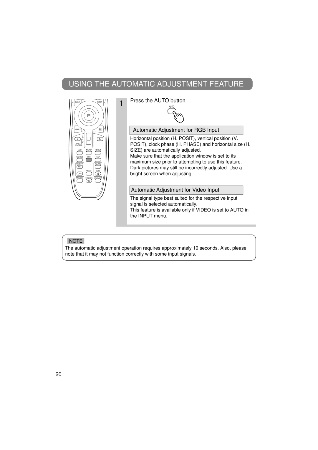 3M MP7650, MP7750 manual Using the Automatic Adjustment Feature, Press the Auto button, Automatic Adjustment for RGB Input 