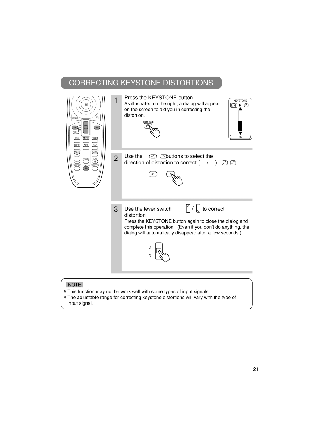 3M MP7750 Correcting Keystone Distortions, Press the Keystone button, As illustrated on the right, a dialog will appear 