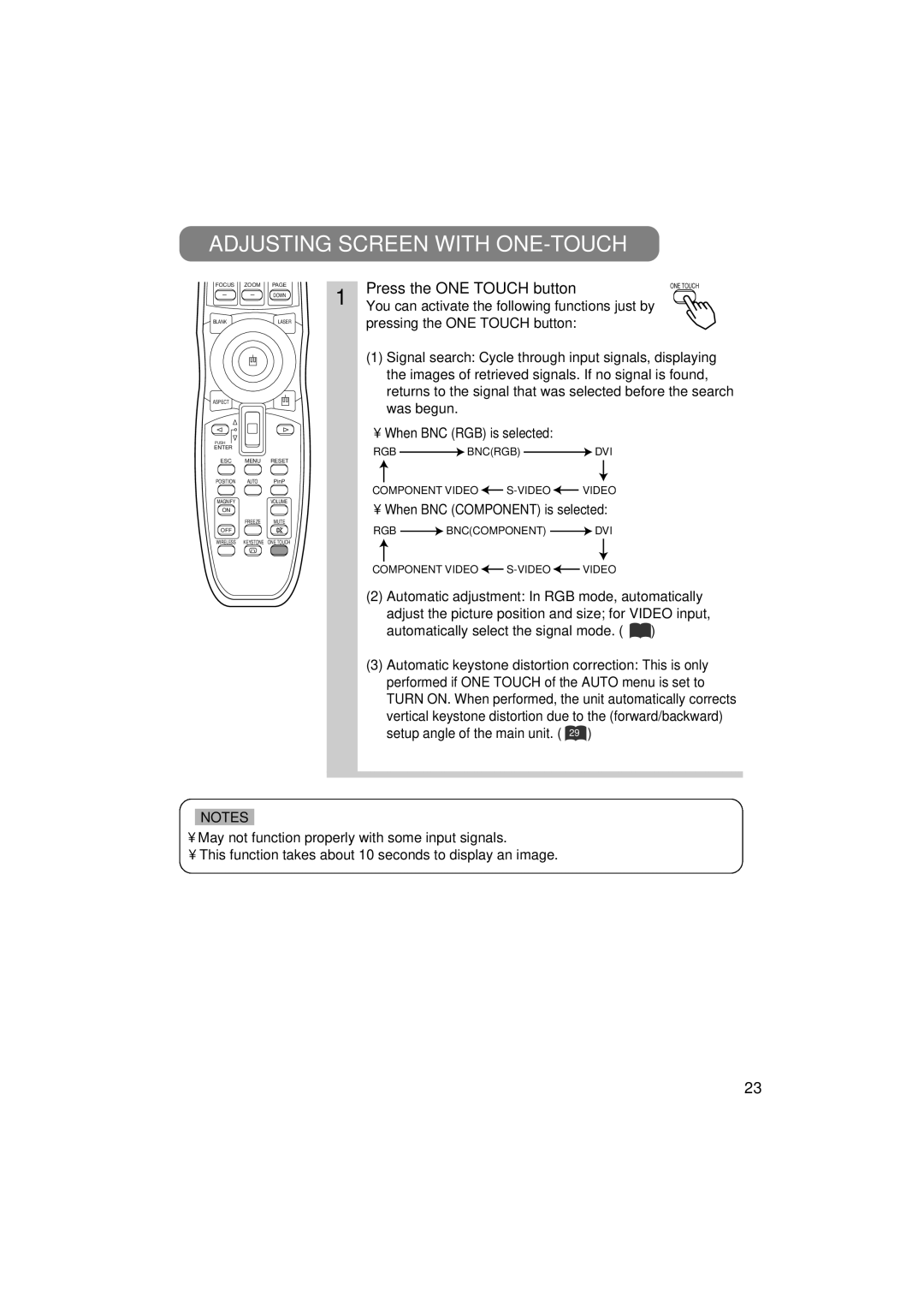 3M MP7750 Adjusting Screen with ONE-TOUCH, Press the ONE Touch button, You can activate the following functions just by 