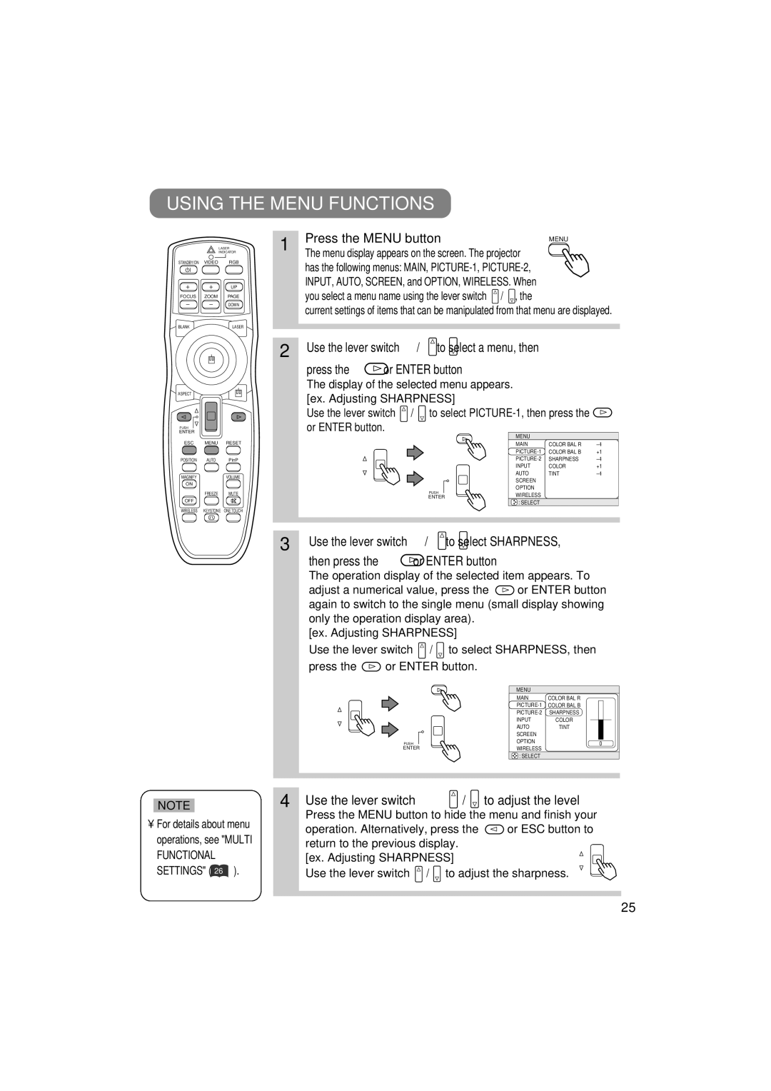 3M MP7750, MP7650 manual Using the Menu Functions, Press the Menu button, Use the lever switch To adjust the level 