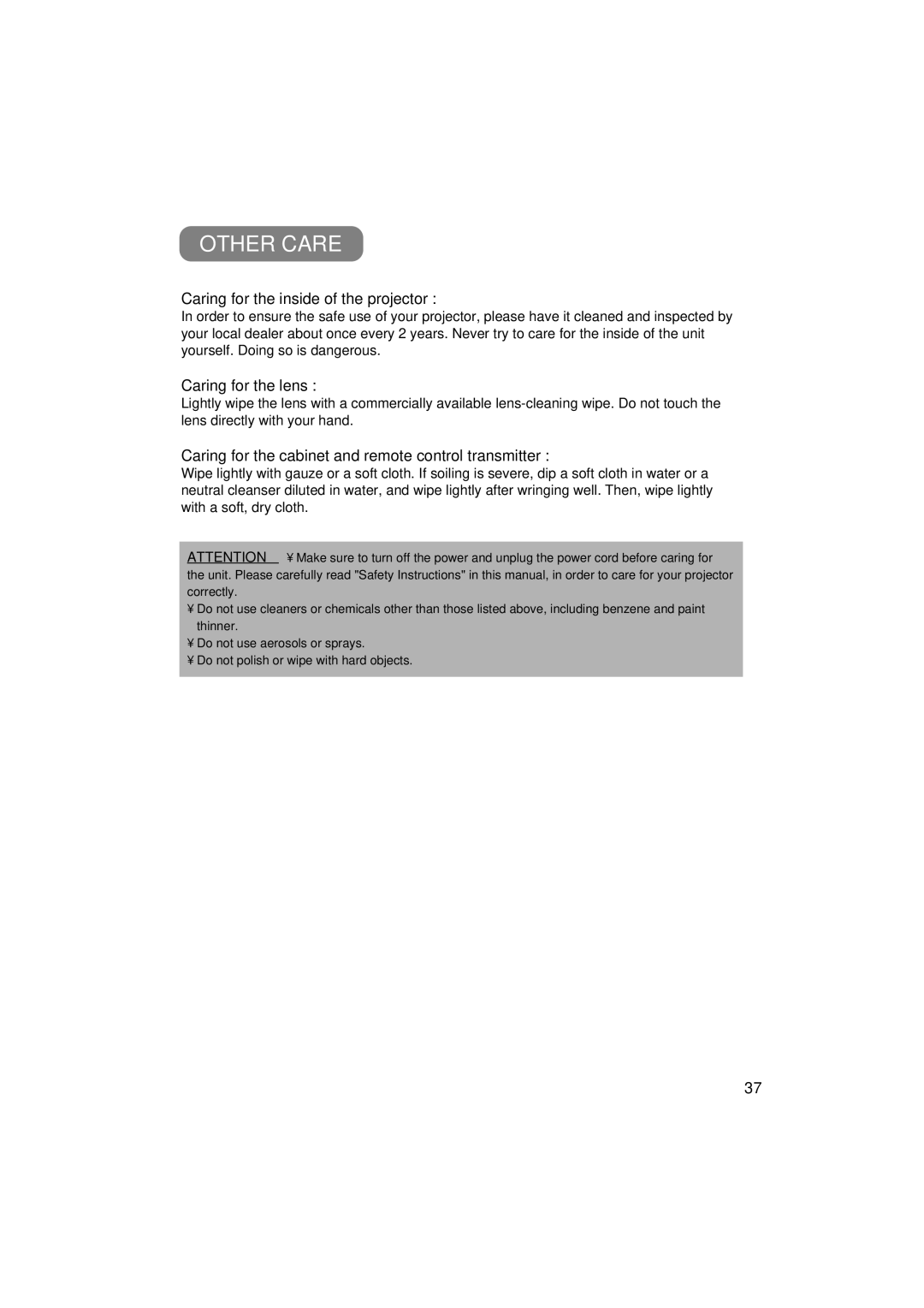 3M MP7750, MP7650 manual Other Care, Caring for the inside of the projector, Caring for the lens 