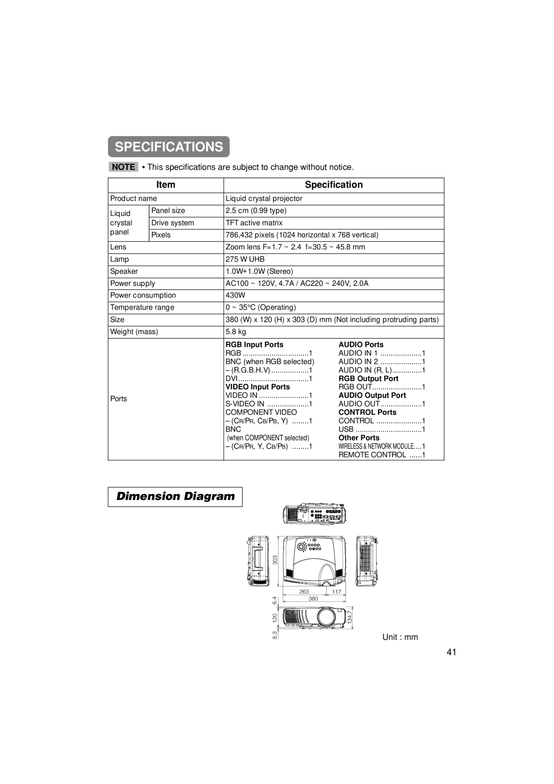 3M MP7750, MP7650 manual Specifications, Dimension Diagram, Unit mm 