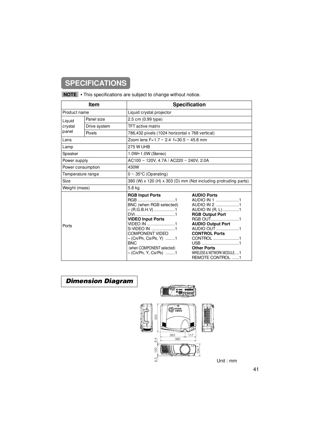 3M MP7750, MP7650 manual Specifications, Dimension Diagram 