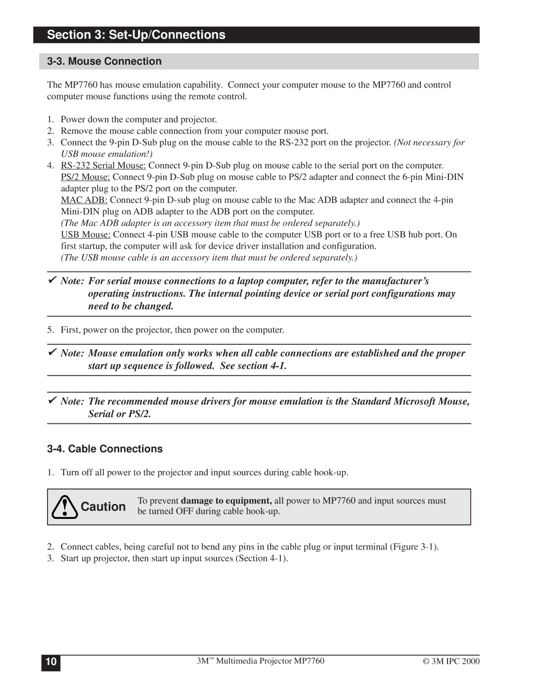 3M MP7760 manual Mouse Connection, Cable Connections 