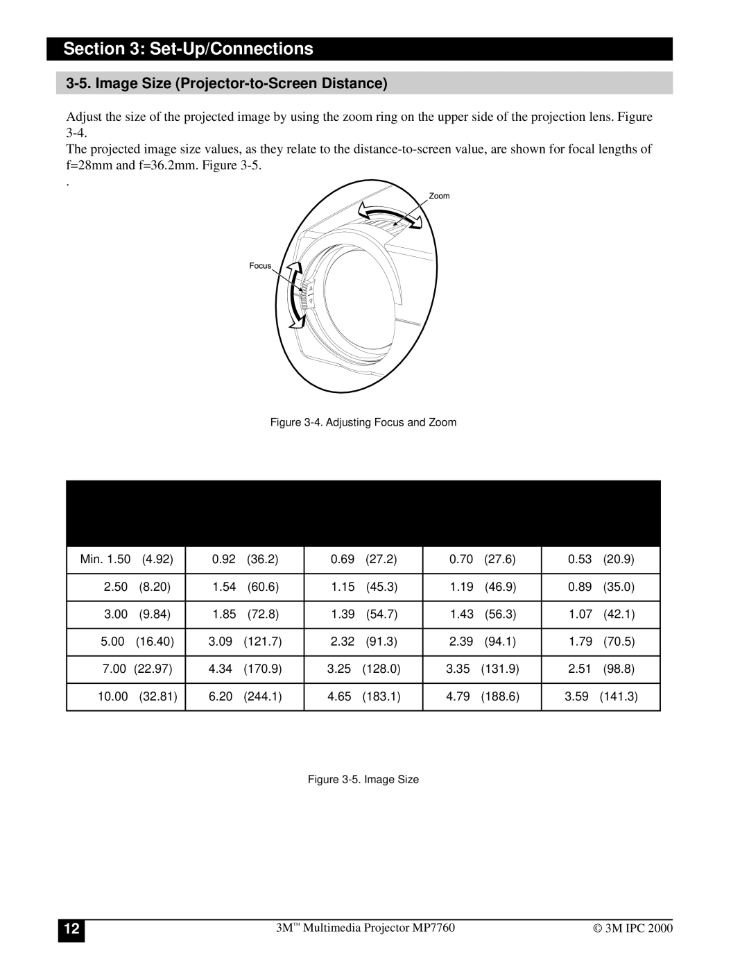 3M MP7760 manual Image Size Projector-to-Screen Distance, Adjusting Focus and Zoom 