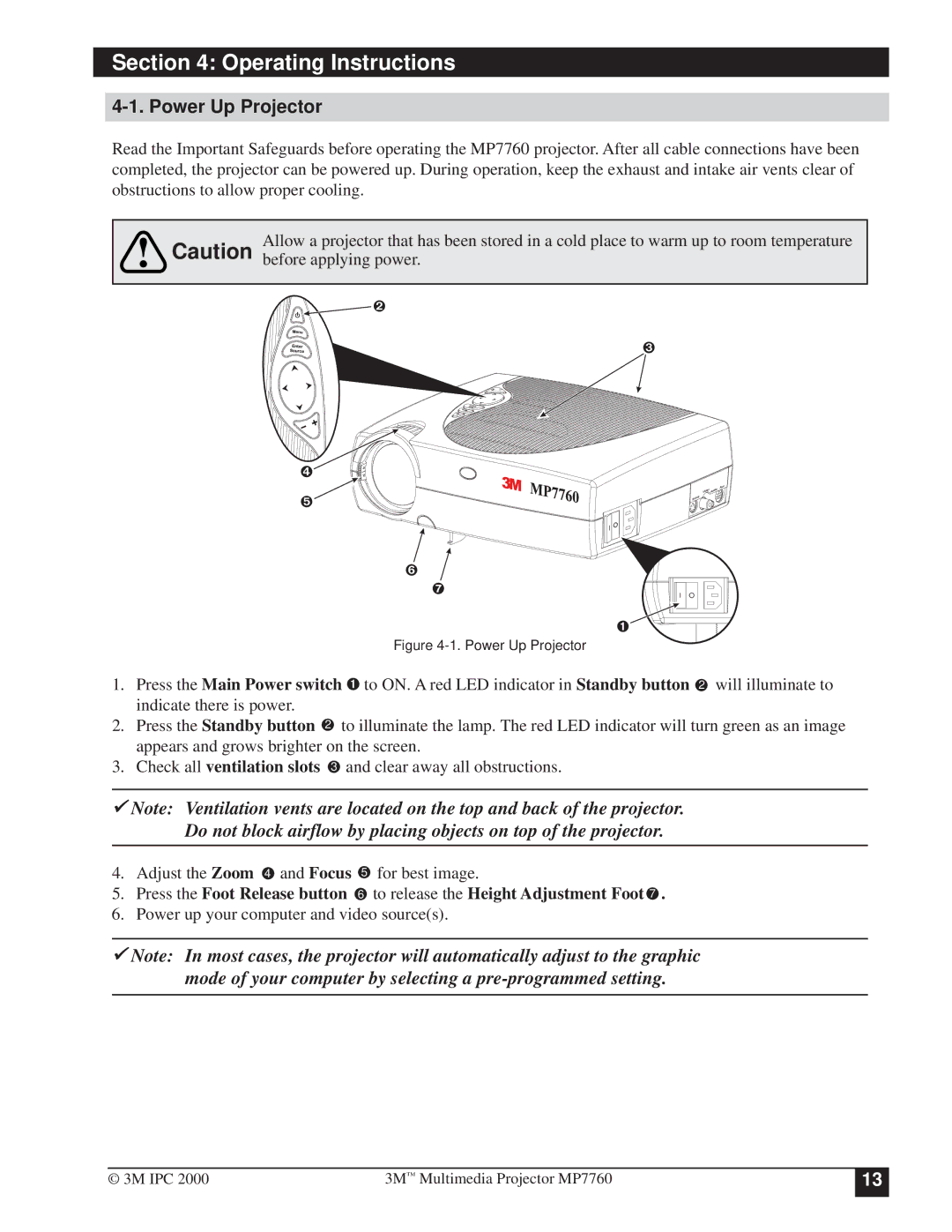 3M MP7760 manual Operating Instructions, Power Up Projector 