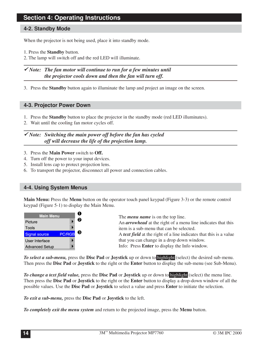 3M MP7760 manual Standby Mode, Projector Power Down, Using System Menus 