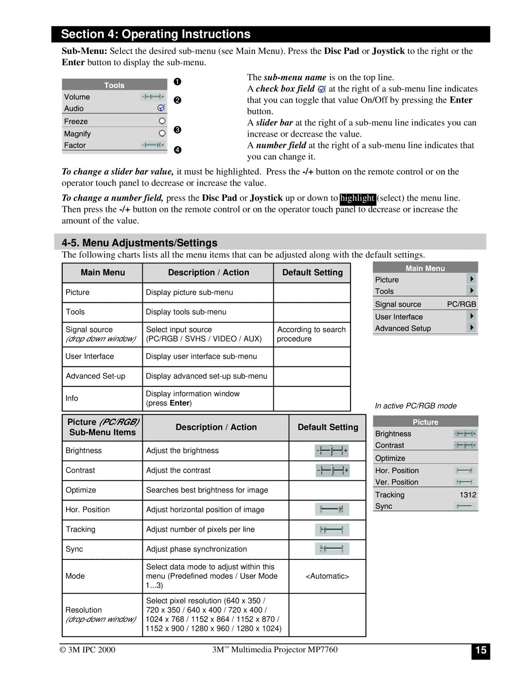 3M MP7760 manual Menu Adjustments/Settings, Main Menu Description / Action Default Setting 