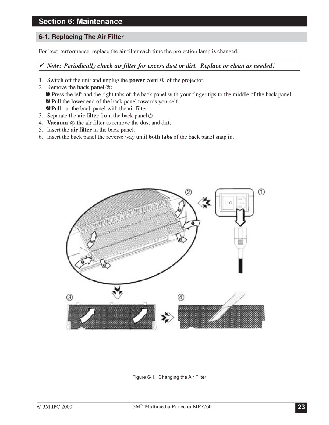 3M MP7760 manual Maintenance, Replacing The Air Filter 