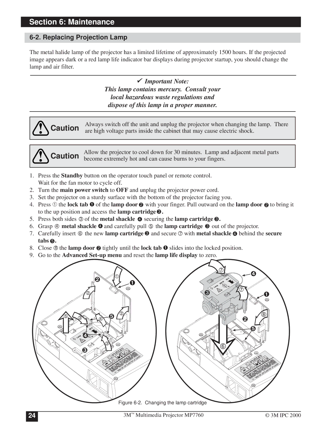 3M MP7760 manual Replacing Projection Lamp, Changing the lamp cartridge 