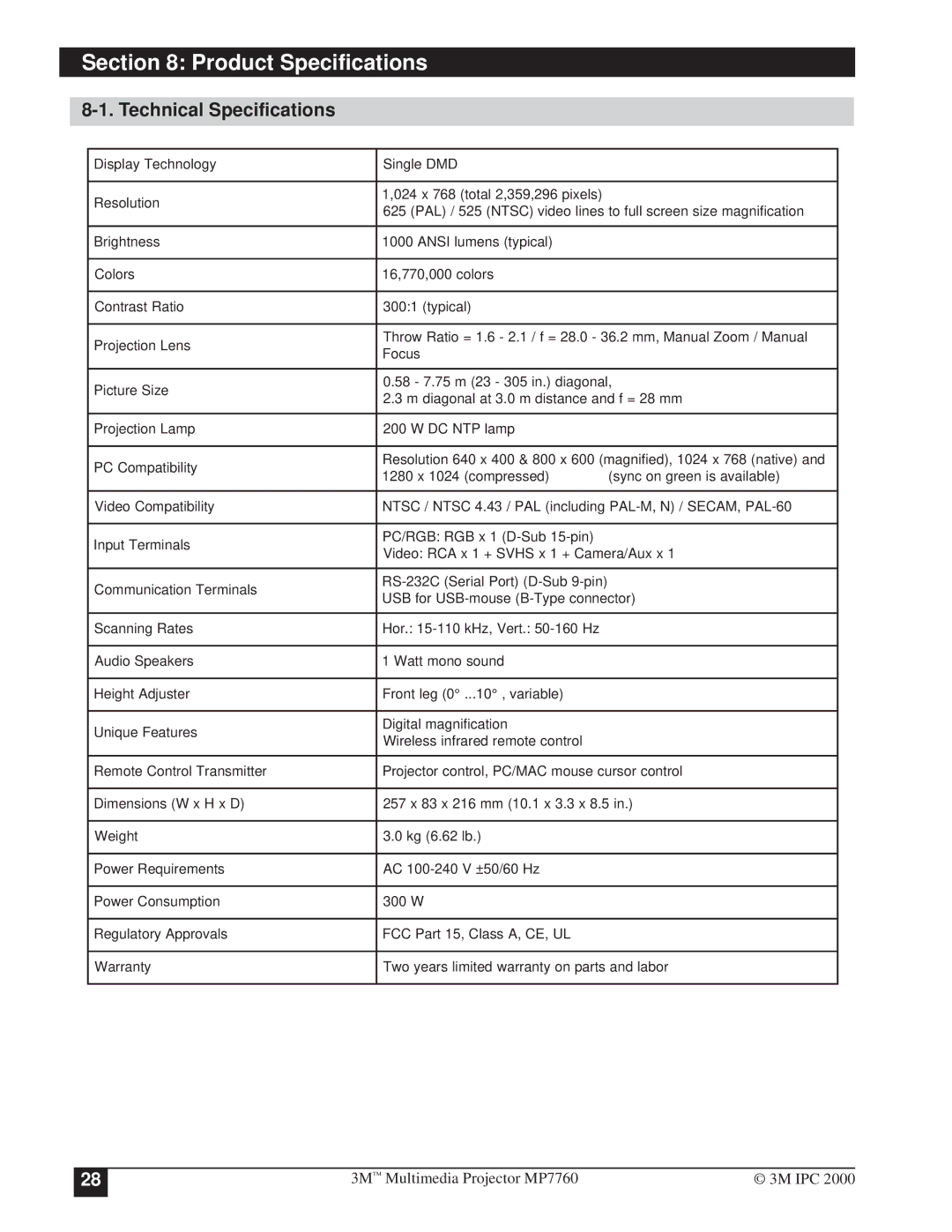 3M MP7760 manual Product Specifications, Technical Specifications 