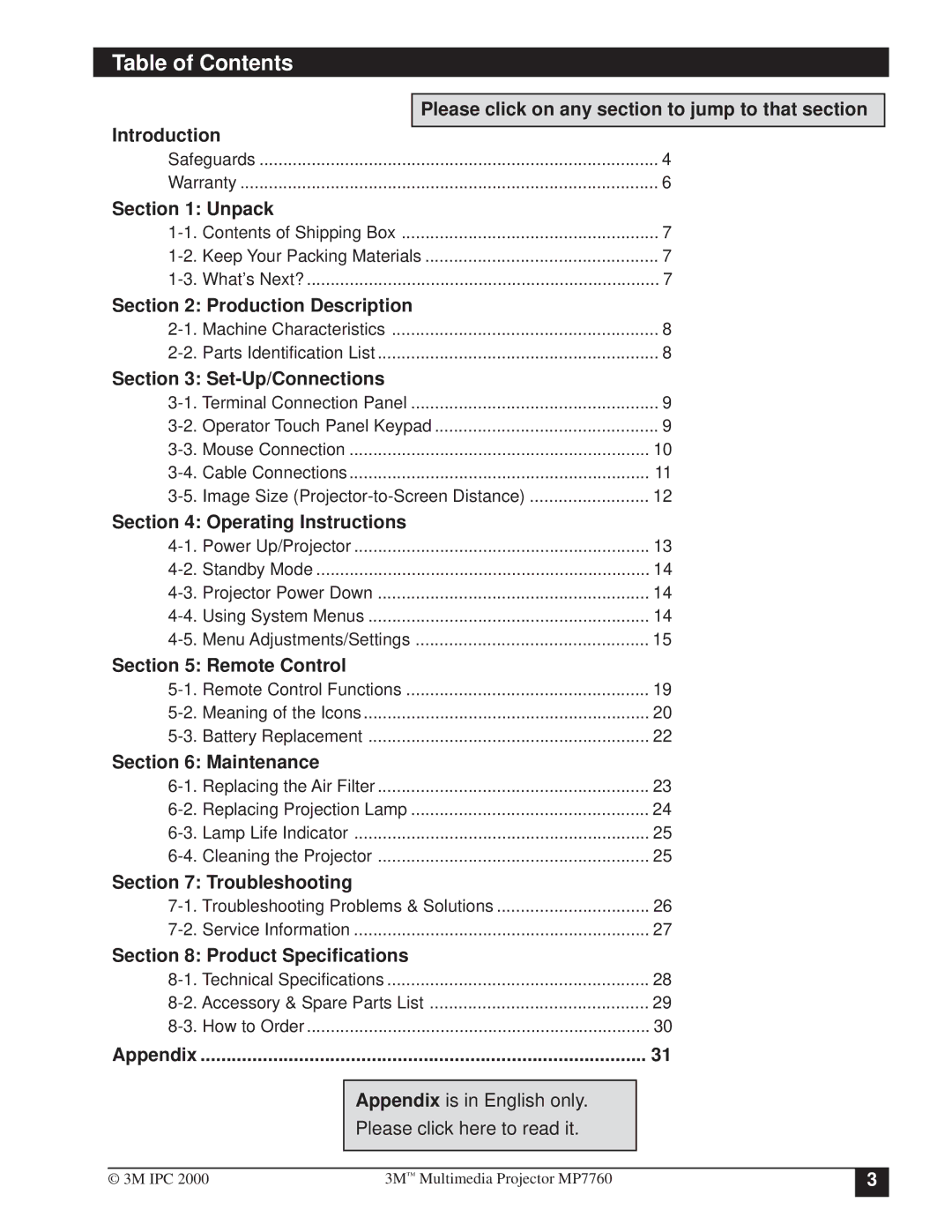 3M MP7760 manual Table of Contents 