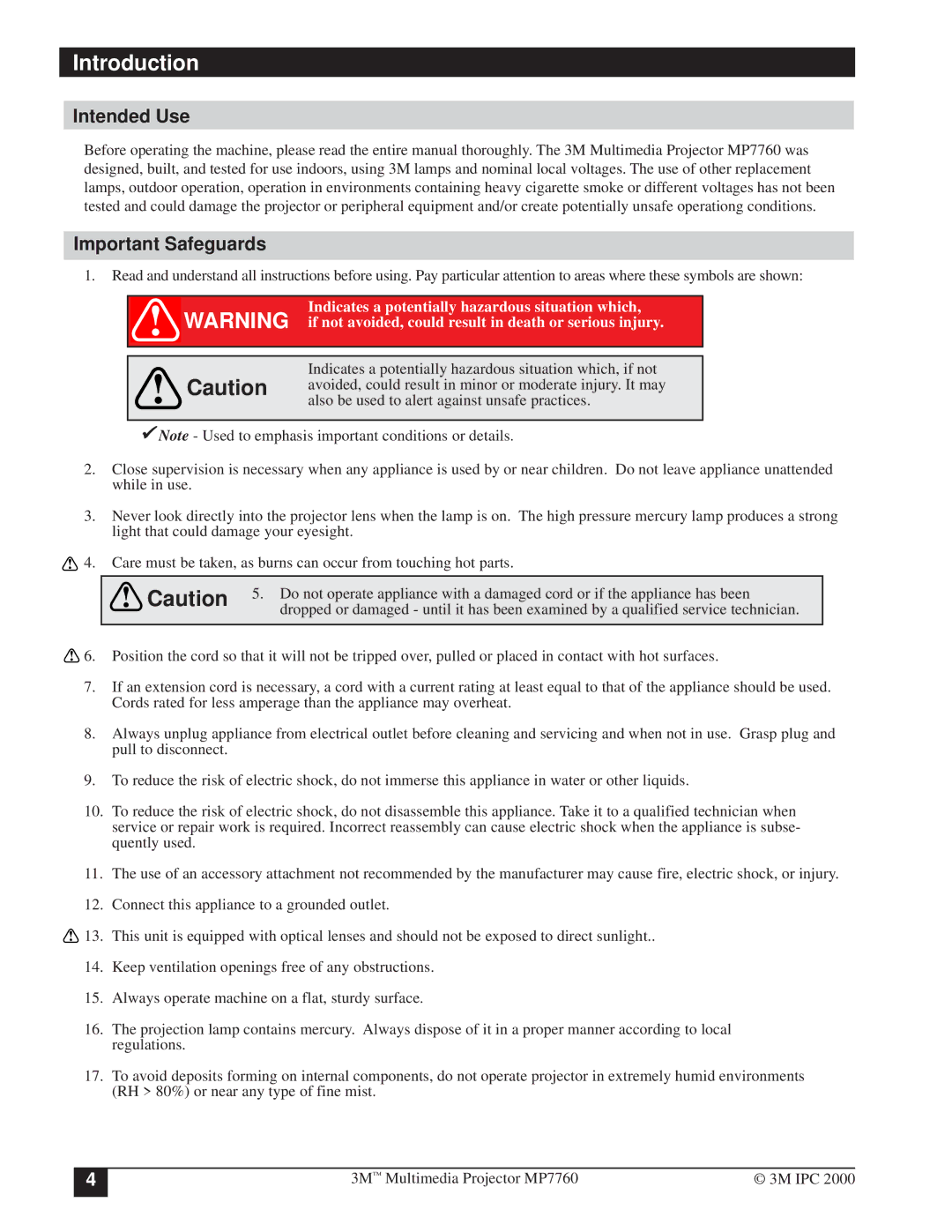 3M MP7760 manual Introduction, Intended Use, Important Safeguards 