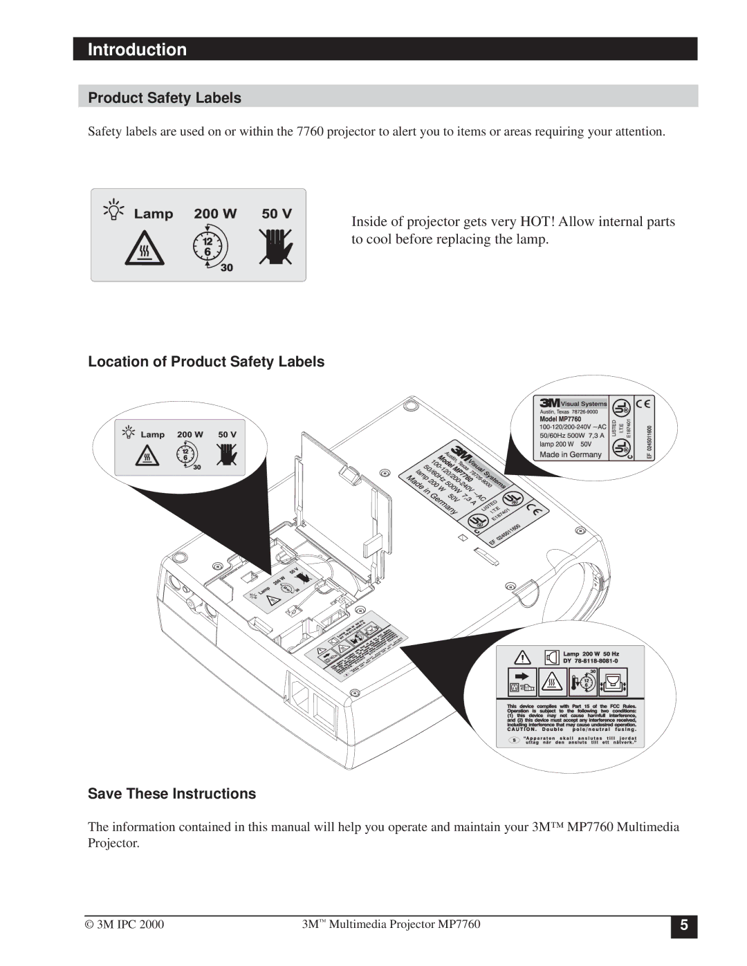 3M MP7760 manual Location of Product Safety Labels 