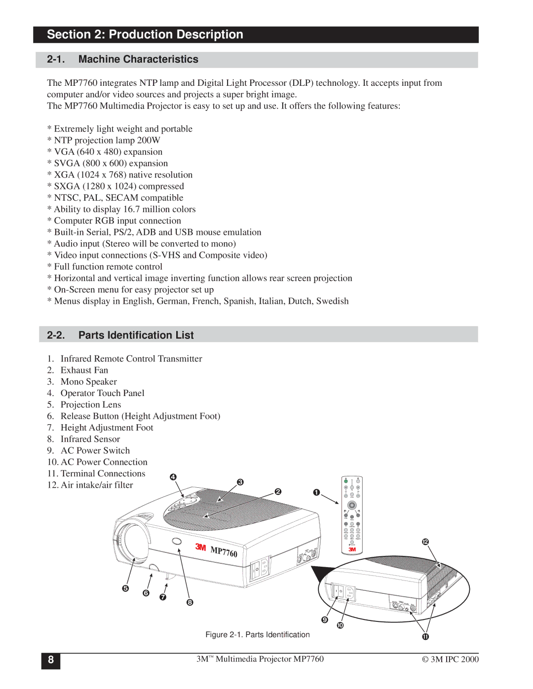 3M MP7760 manual Production Description, Machine Characteristics, Parts Identification List 