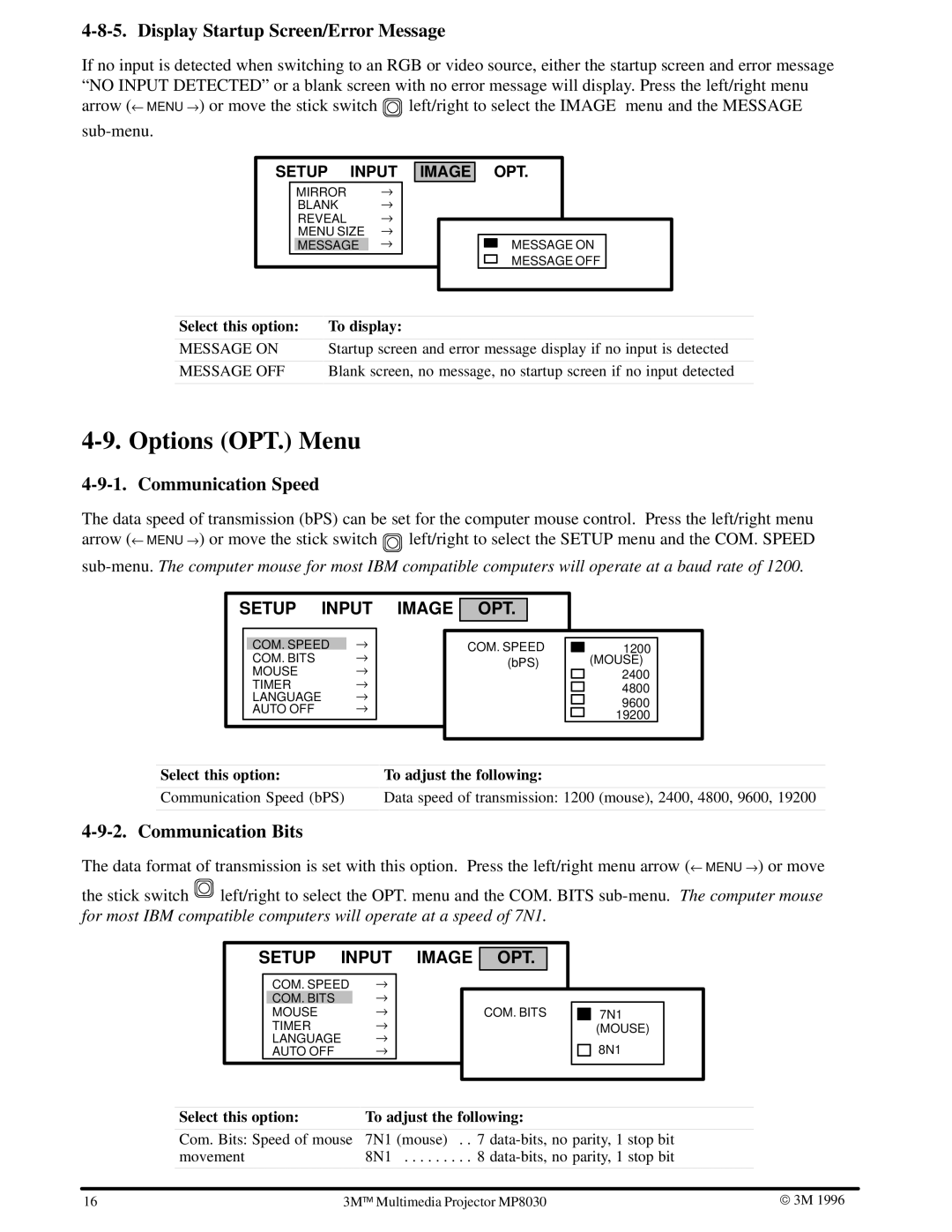 3M MP8030 Options OPT. Menu, Display Startup Screen/Error Message, Communication Speed, Communication Bits, To display 