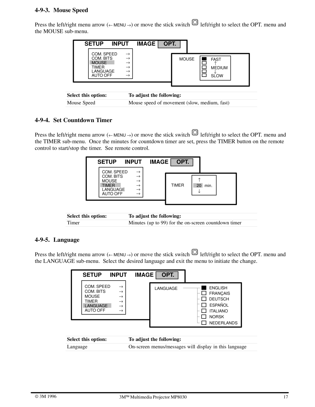 3M MP8030 manual Mouse Speed, Set Countdown Timer, Language 