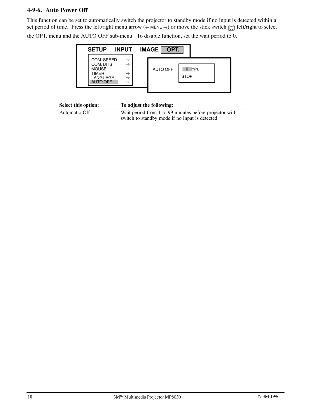 3M MP8030 manual Auto Power Off 