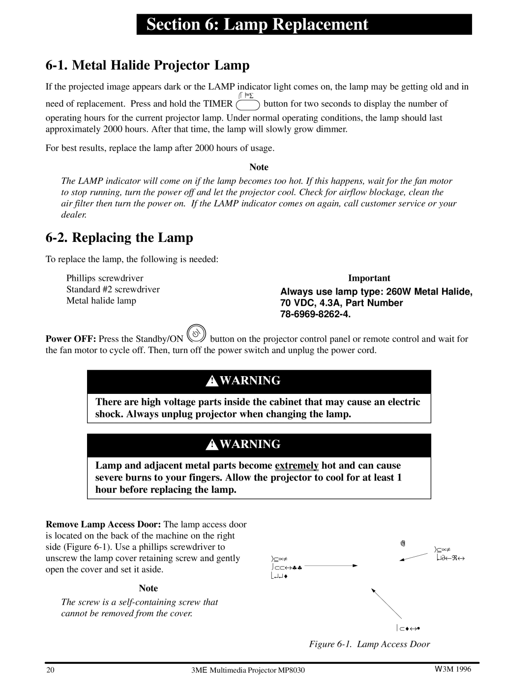 3M MP8030 manual Lamp Replacement, Metal Halide Projector Lamp, Replacing the Lamp 