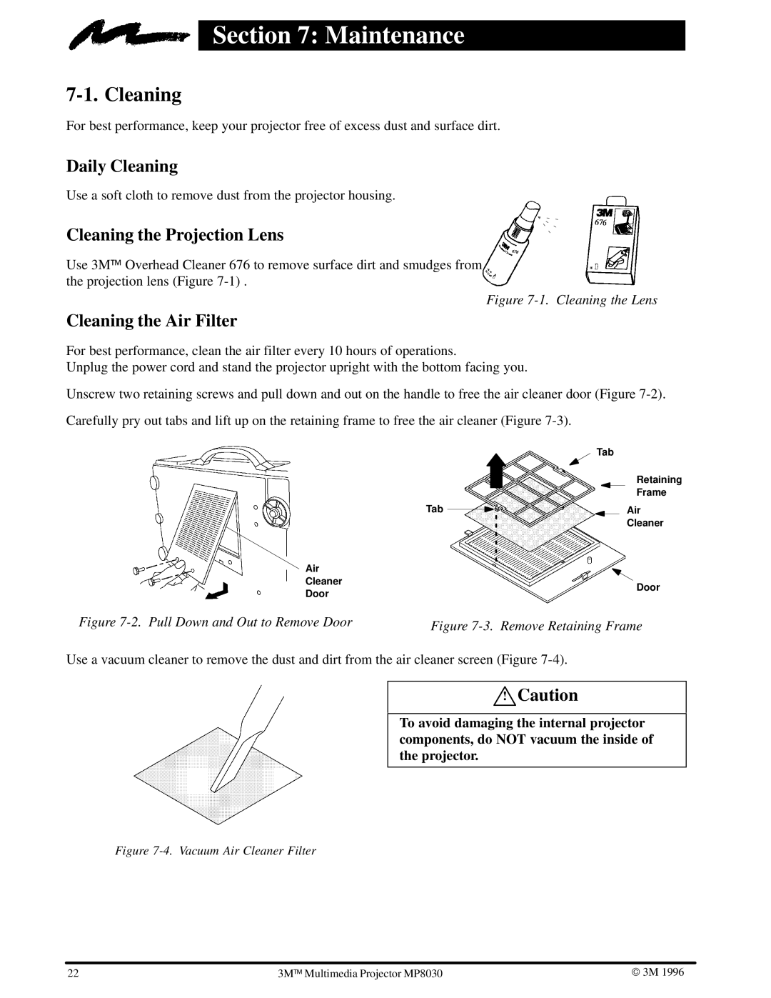 3M MP8030 manual Maintenance, Daily Cleaning, Cleaning the Projection Lens, Cleaning the Air Filter 