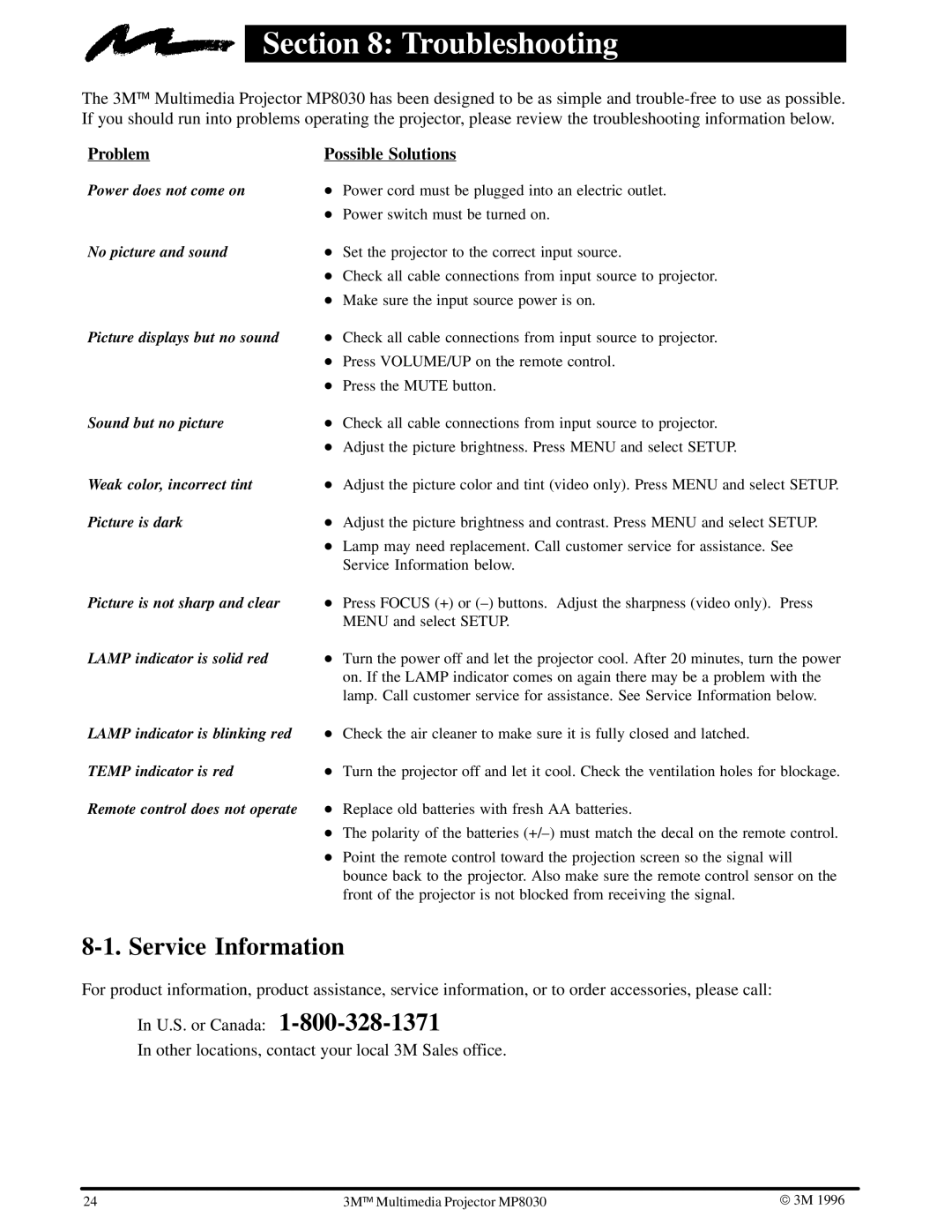 3M MP8030 manual Troubleshooting, Service Information 