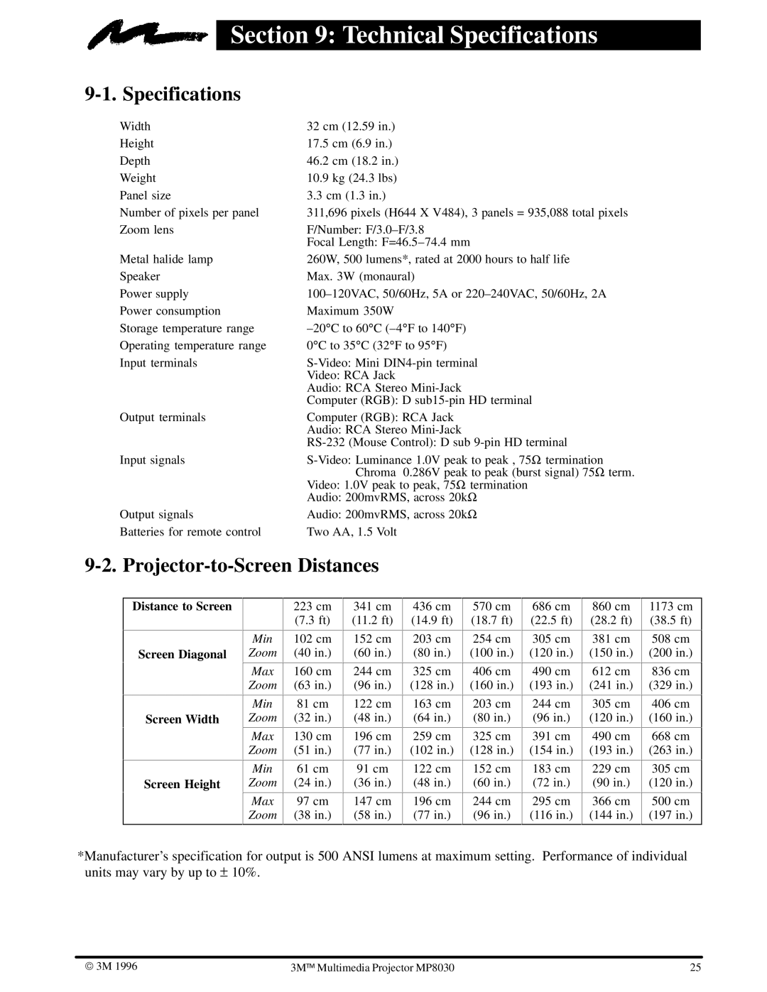 3M MP8030 manual Technical Specifications, Projector-to-Screen Distances 