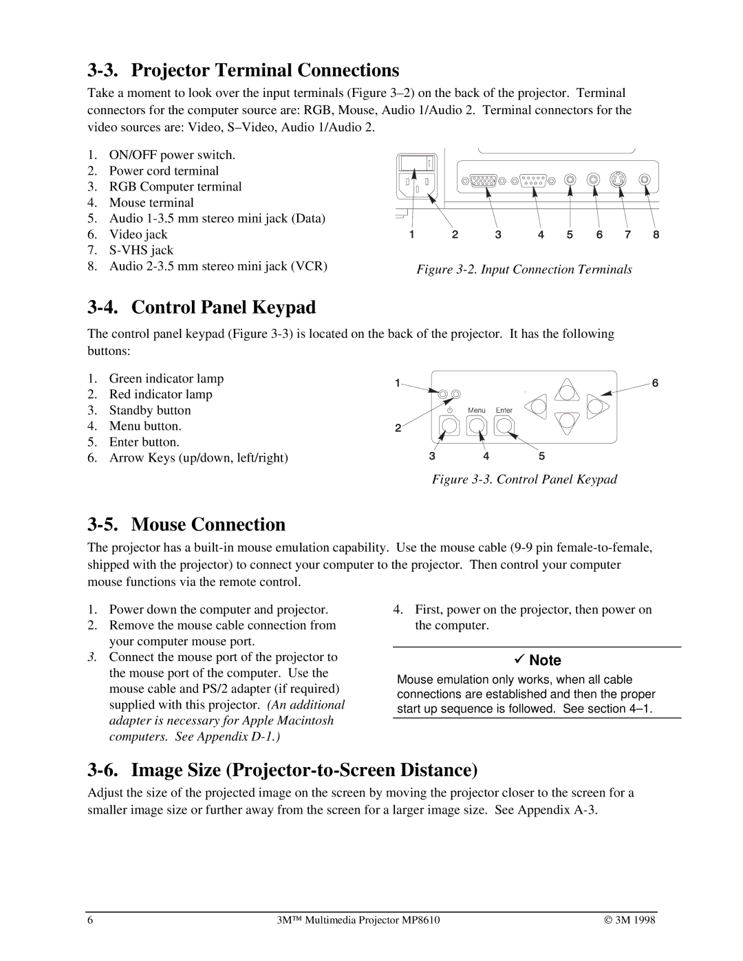 3M MP8610 Projector Terminal Connections, Control Panel Keypad, Mouse Connection, Image Size Projector-to-Screen Distance 