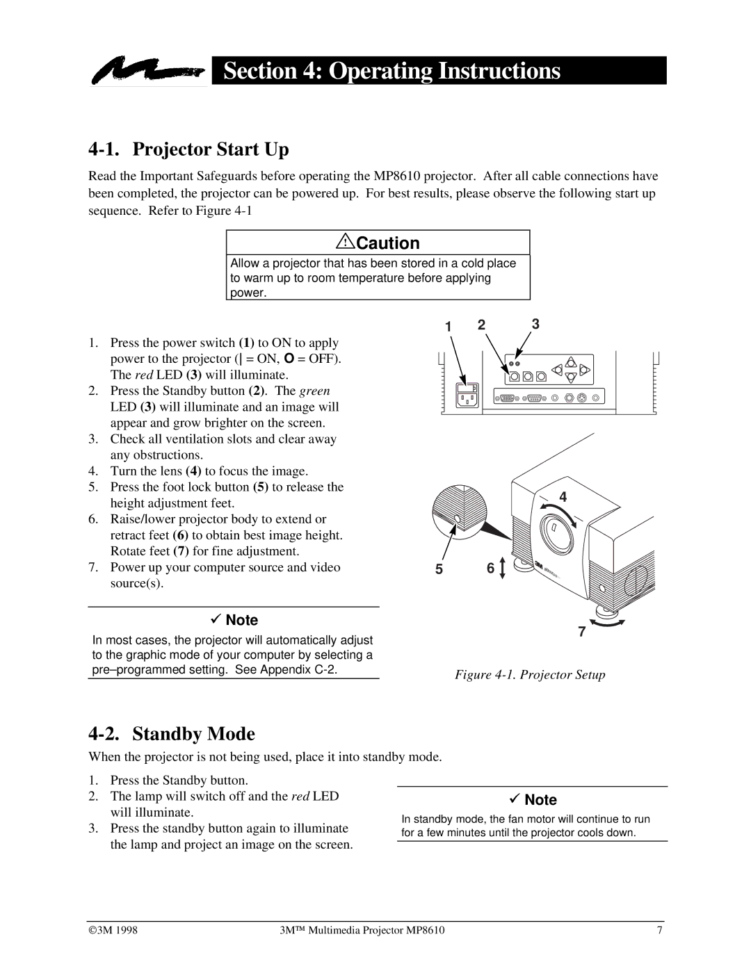 3M MP8610 manual Operating Instructions, Projector Start Up, Standby Mode 