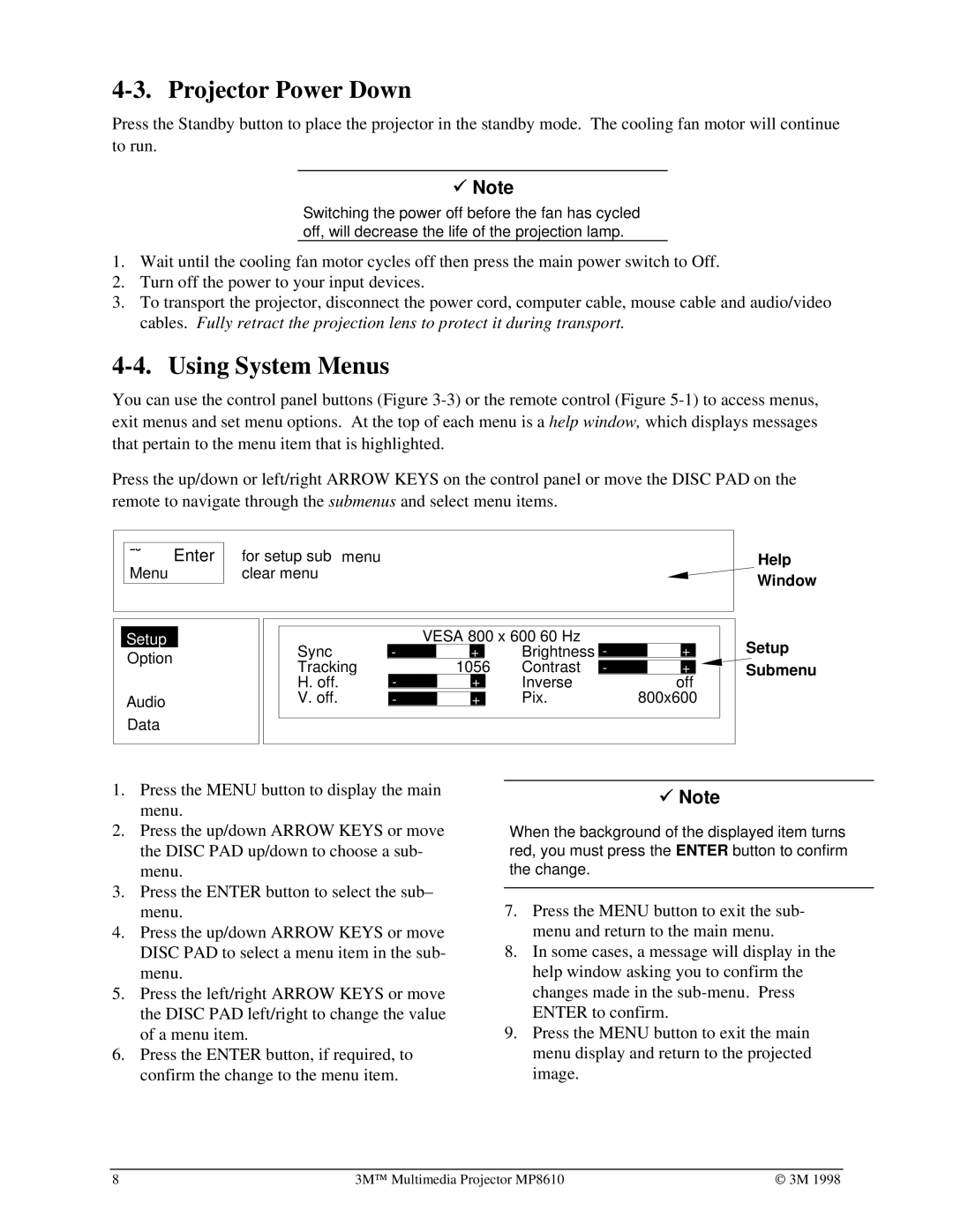 3M MP8610 manual Projector Power Down, Using System Menus 