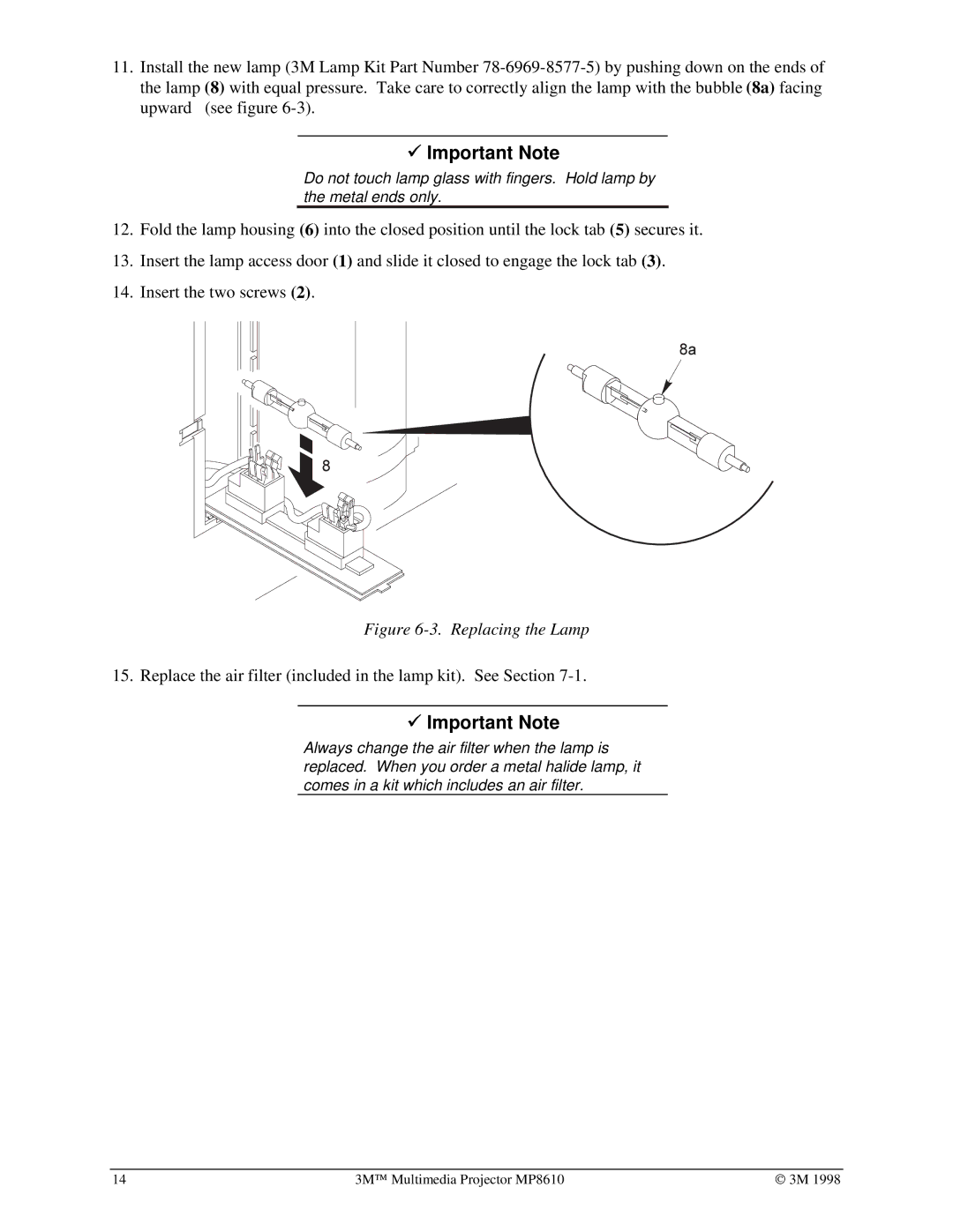 3M MP8610 manual Replacing the Lamp 