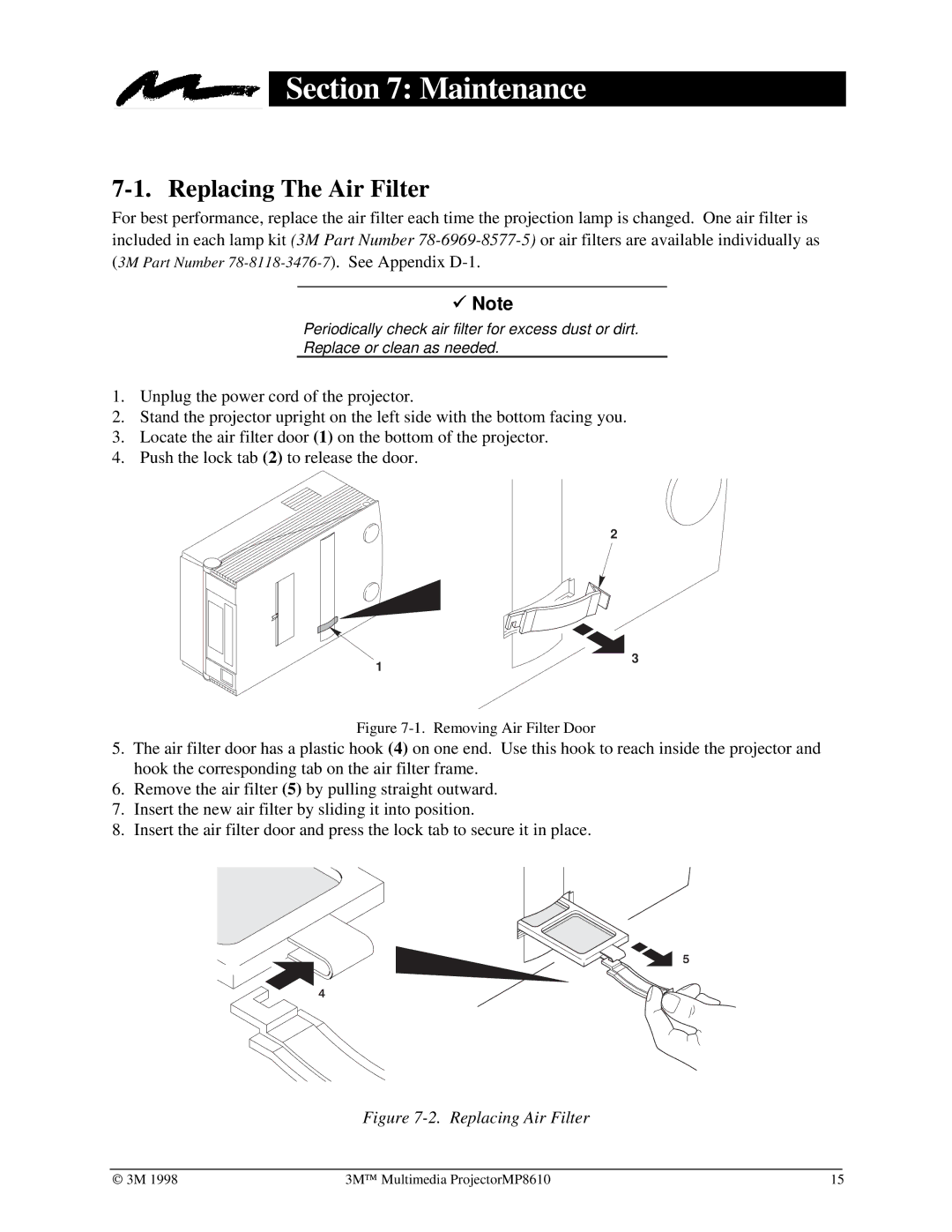 3M MP8610 manual Maintenance, Replacing The Air Filter 