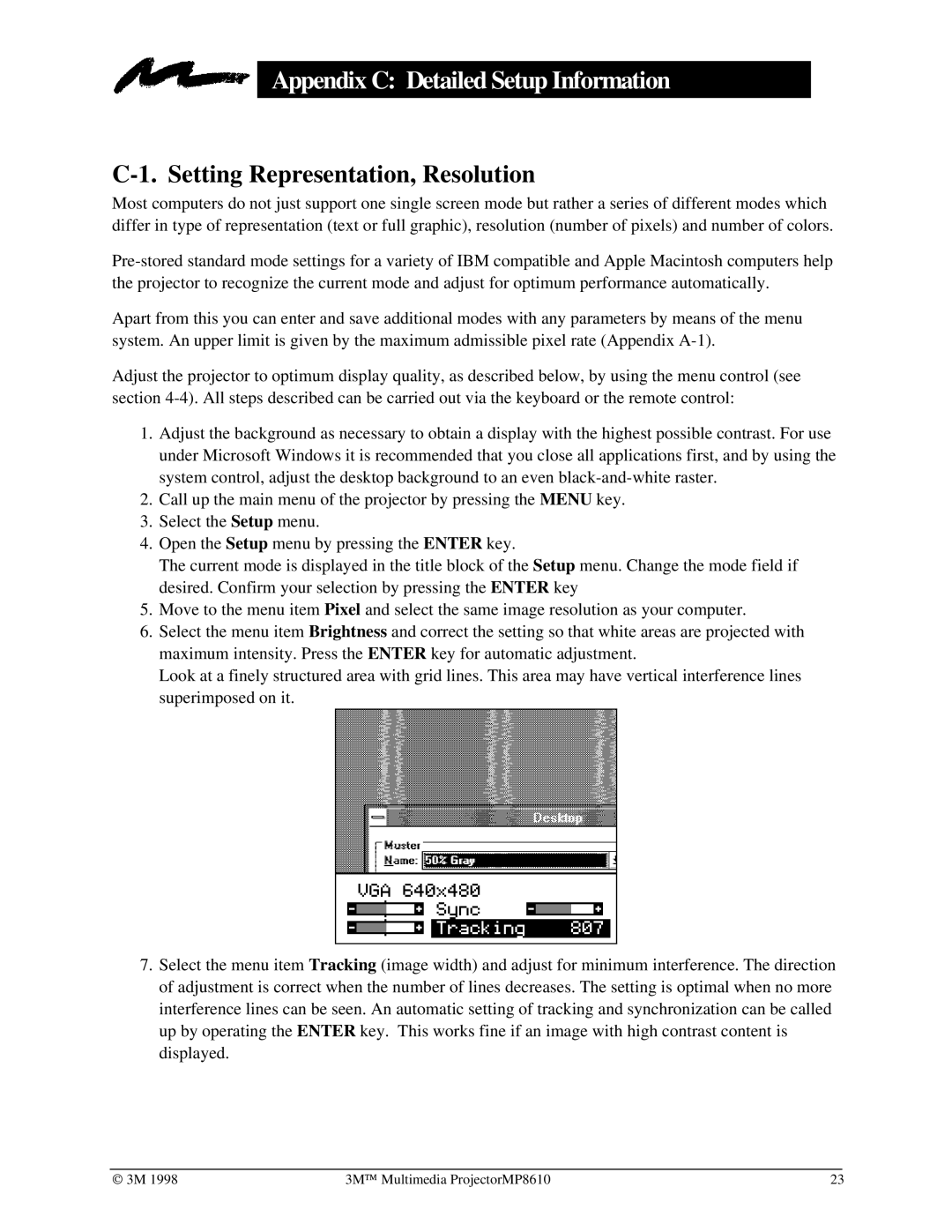 3M MP8610 manual Appendix C Detailed Setup Information, Setting Representation, Resolution 