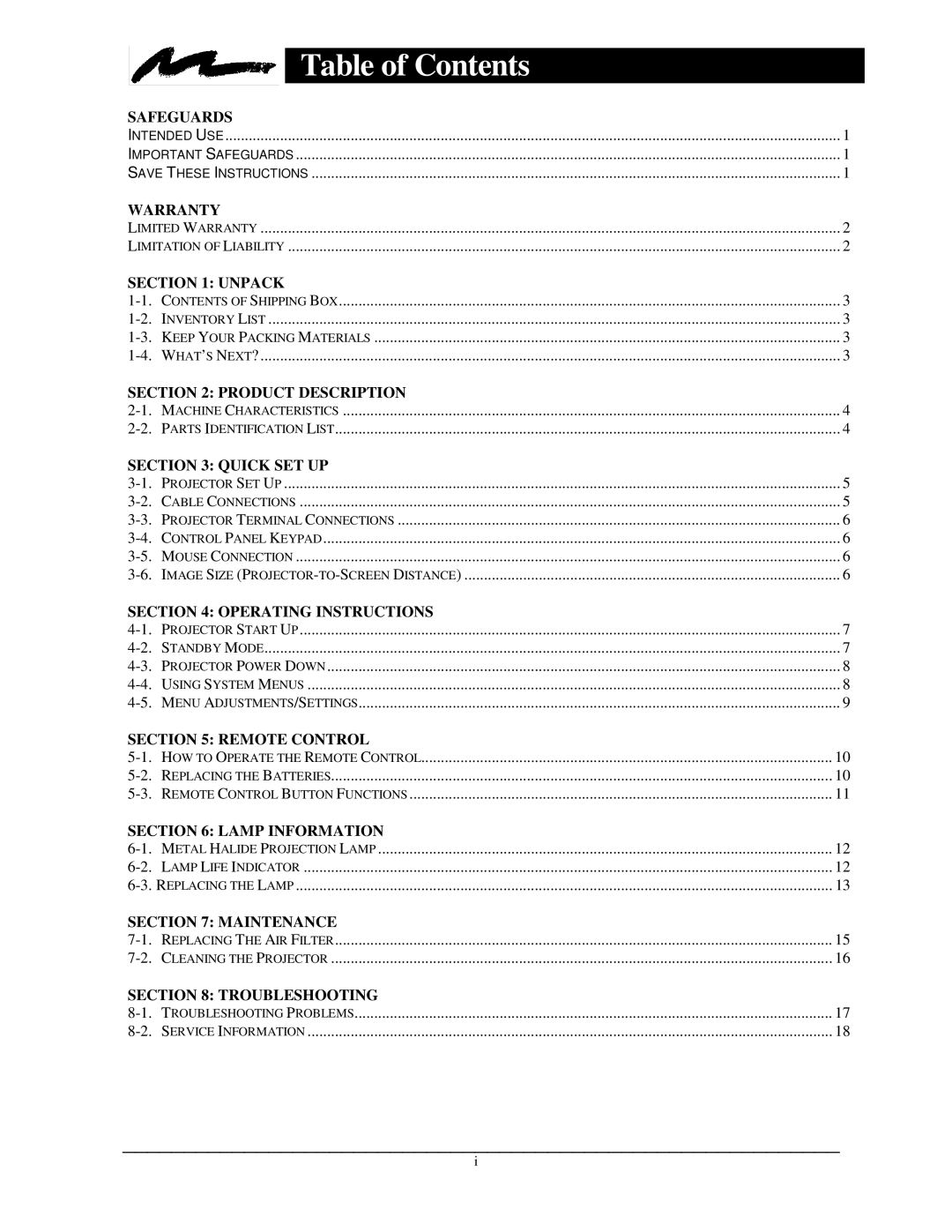 3M MP8610 manual Table of Contents 