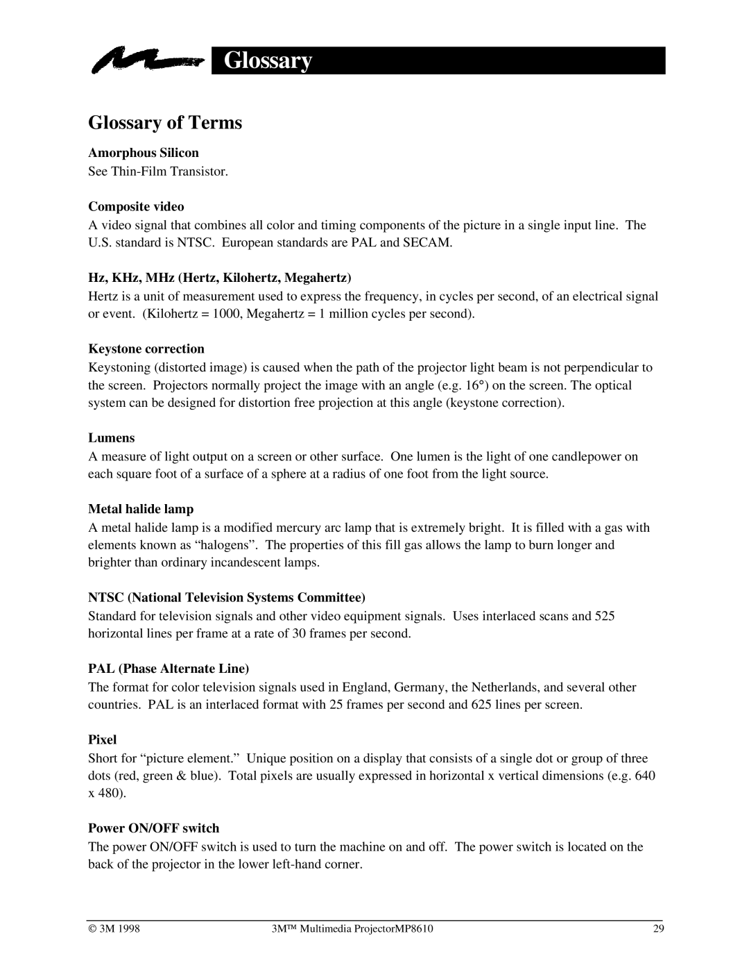 3M MP8610 manual Glossary of Terms 