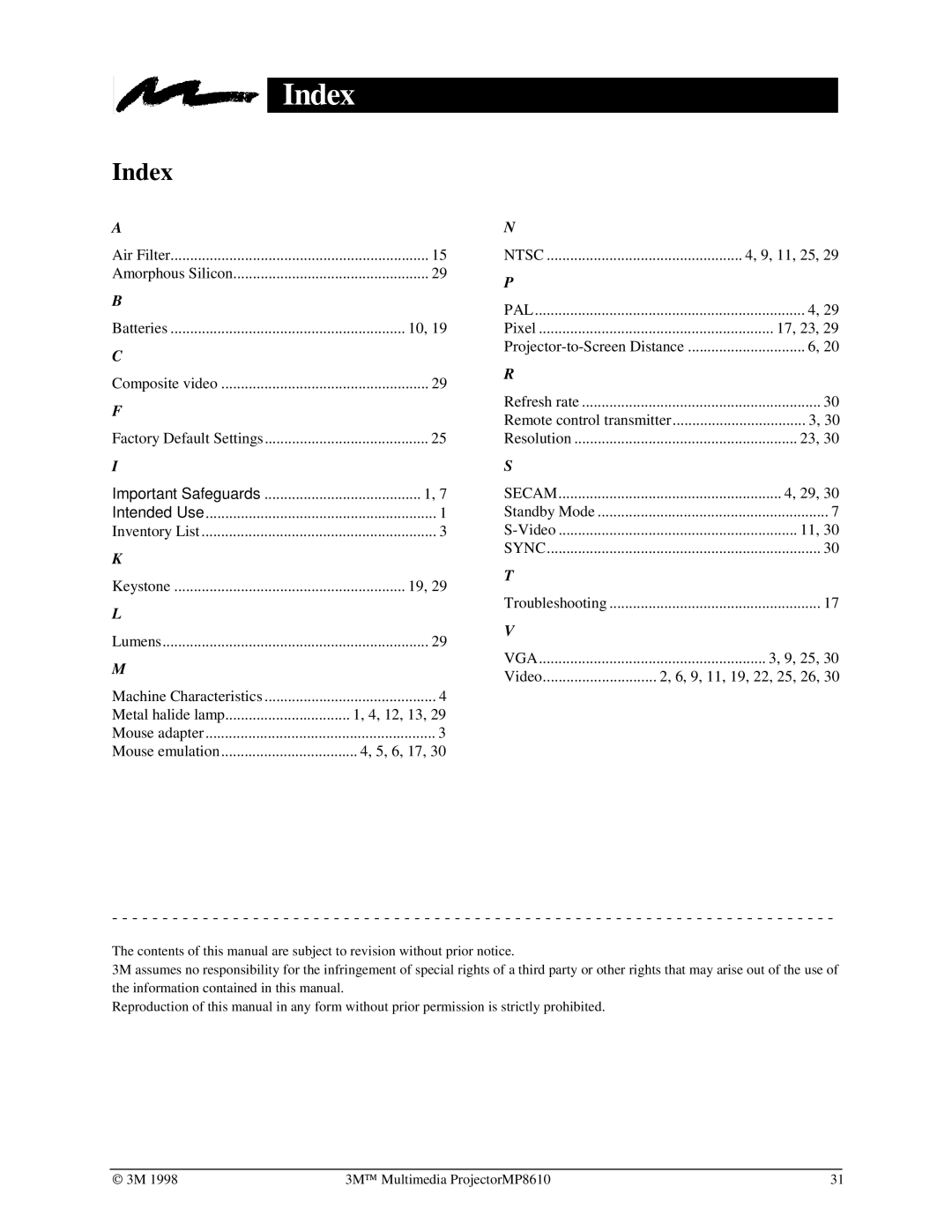 3M MP8610 manual Index 