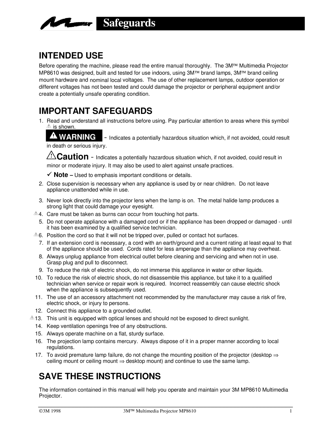 3M MP8610 manual Safeguards 