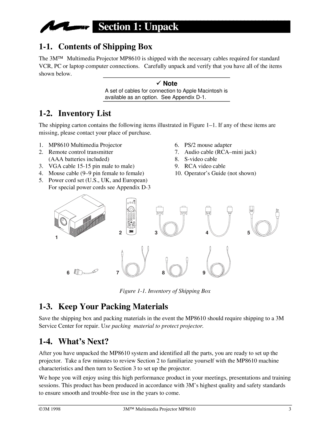 3M MP8610 manual Unpack, Contents of Shipping Box, Inventory List, Keep Your Packing Materials, What’s Next? 