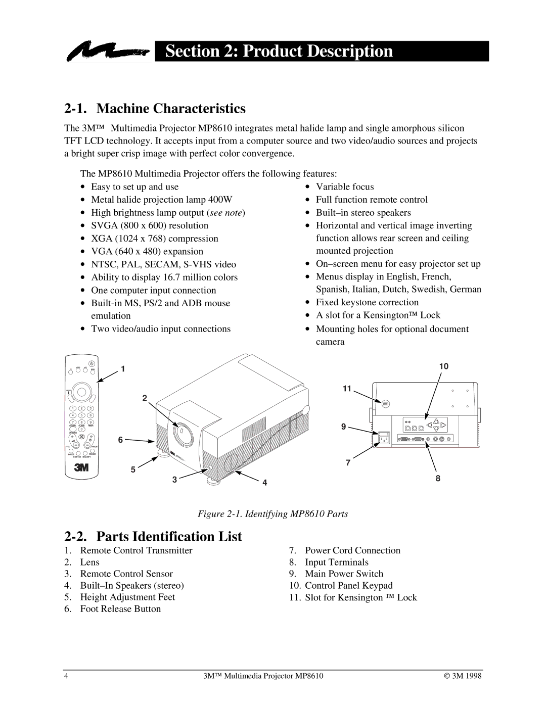 3M MP8610 manual Product Description, Machine Characteristics, Parts Identification List 