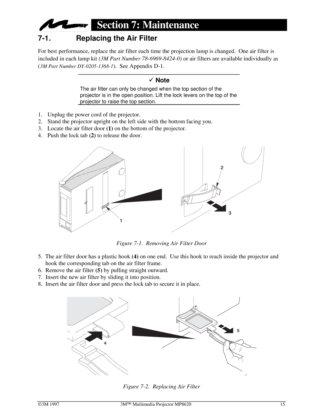 3M MP8620 manual Maintenance, Replacing the Air Filter 