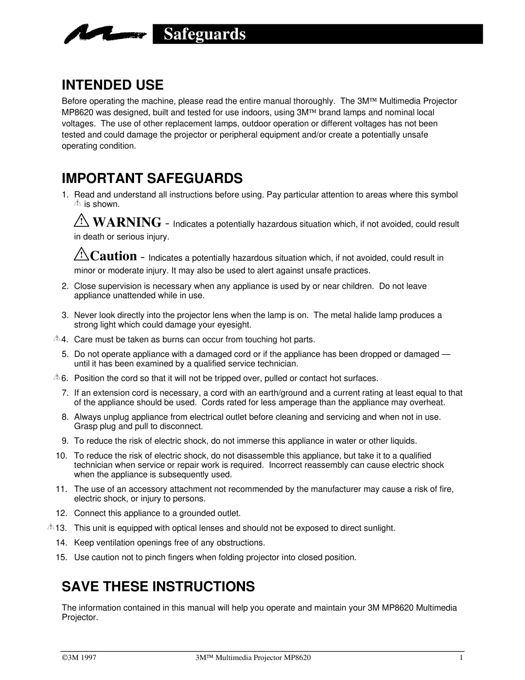 3M MP8620 manual Safeguards, Intended USE 