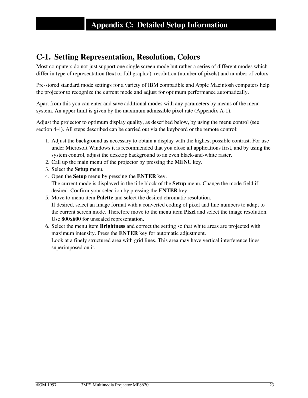 3M MP8620 manual Appendix C Detailed Setup Information, Setting Representation, Resolution, Colors 